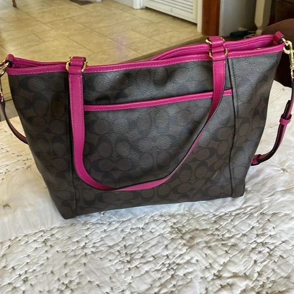 Coach Signature Canvas Tote Brown and Pink - Picture 4 of 17